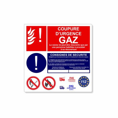 Panneau coupure d'urgence gaz, consignes de sécurité