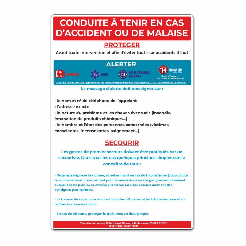 Panneau conduite à tenir en cas d'accident ou de malaise
