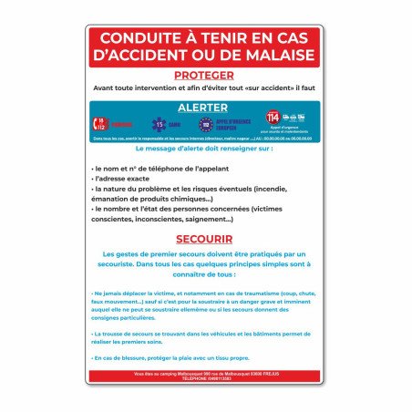 Panneau conduite à tenir en cas d'accident ou de malaise
