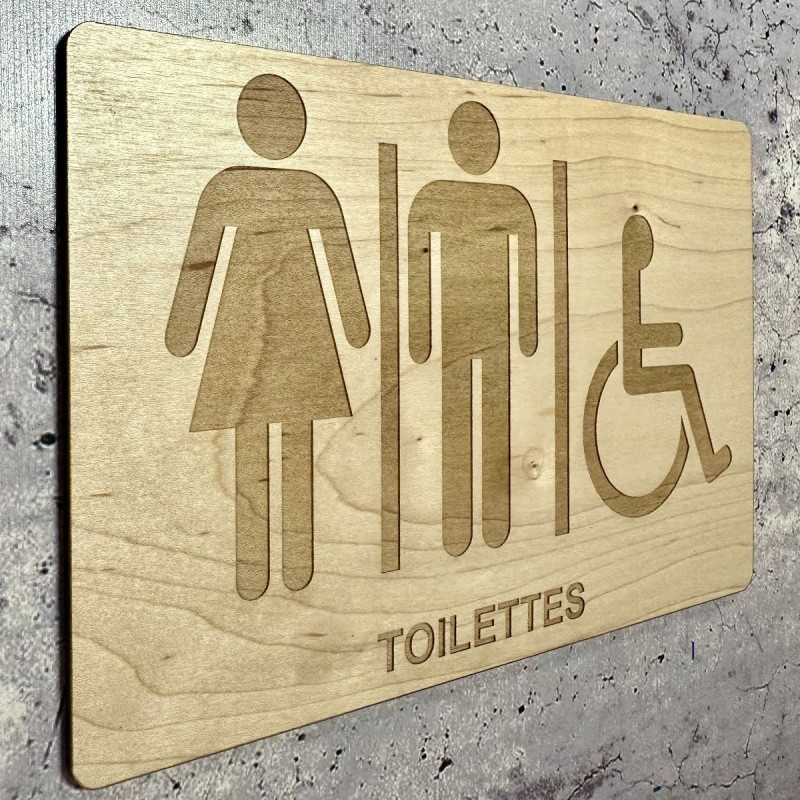 Plaque en bois gravée toilettes hommes, dames et handicapés
