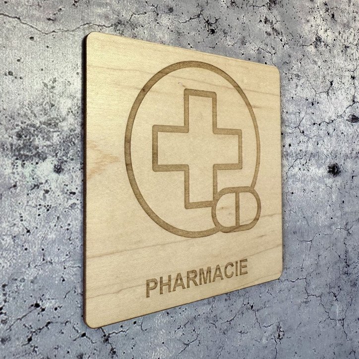 Plaque en bois pharmacie, impression en gravure Plaque en bois pharmacie, impression en gravure
