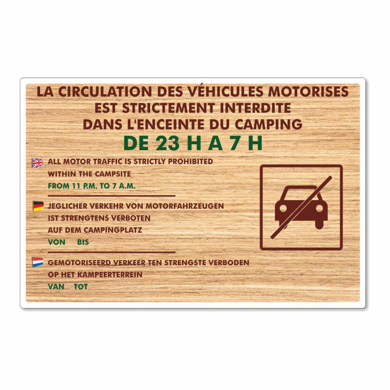 Panneau horaires circulation des véhicules dans le camping