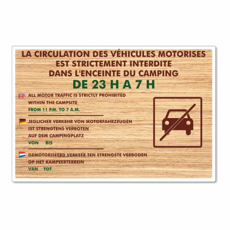 Panneau horaires circulation des véhicules dans le camping