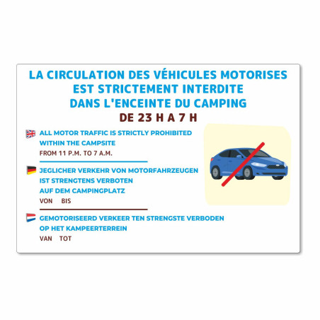 Panneau horaires circulation des véhicules dans le camping