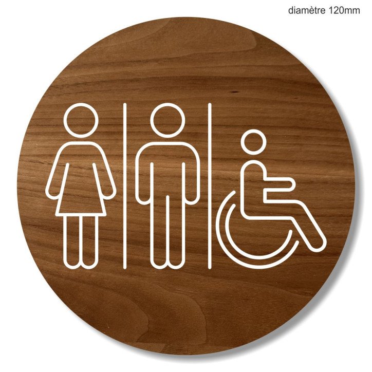 Plaque en bois ronde toilettes hommes, dames et handicapés Plaque en bois ronde toilettes hommes, dames et handicapés