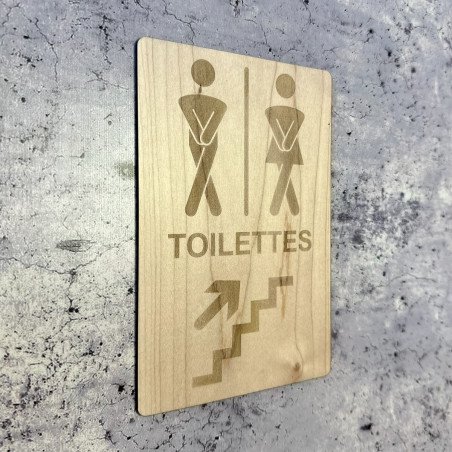 Plaque en bois gravée toilettes à l'étage ou au RDC