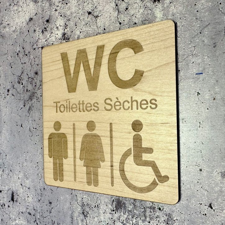 Plaque en bois gravure WC toilettes sèches