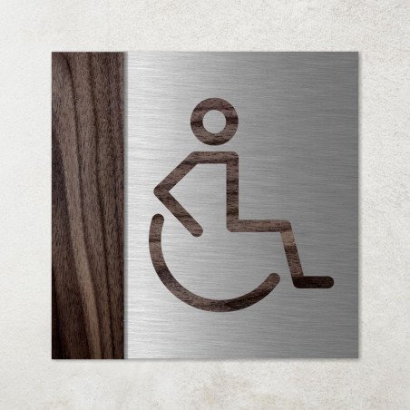 Plaque en métal et bois de noyer Handicapé PMR
