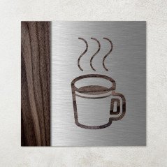 Plaque café en aluminium brossé argent et bois massif de noyer.