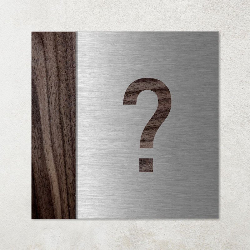 Plaque pictogramme sur mesure en aluminium brossé argent et bois massif de noyer.
