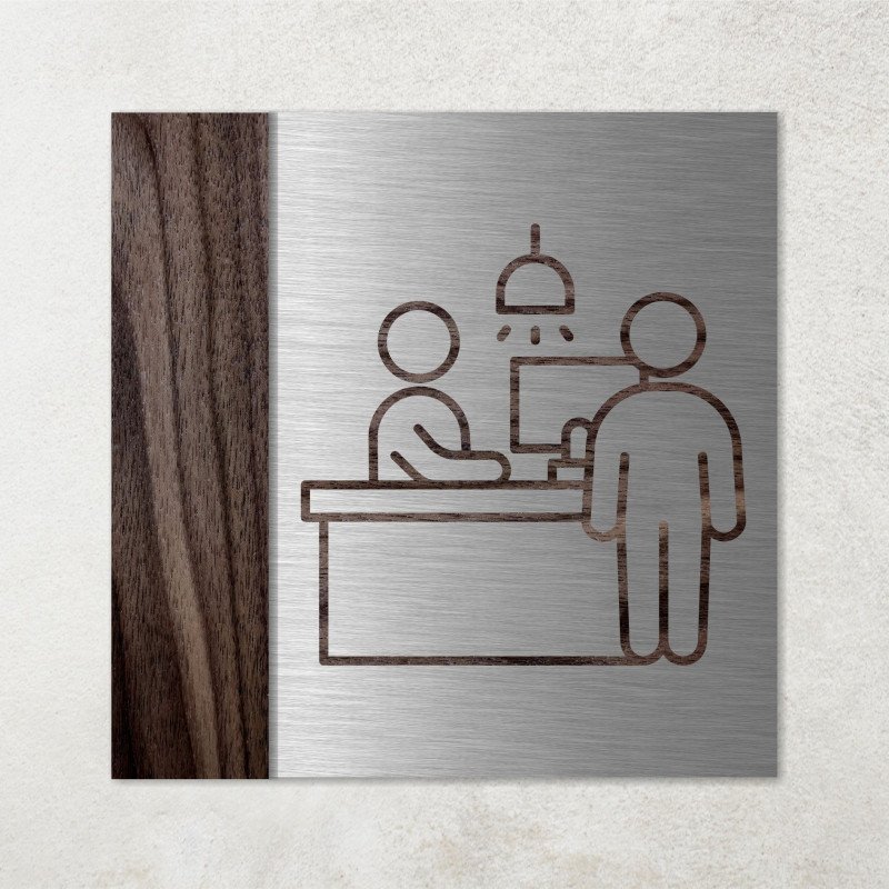 Plaque accueil, réception, en aluminium brossé argent et bois massif de noyer.