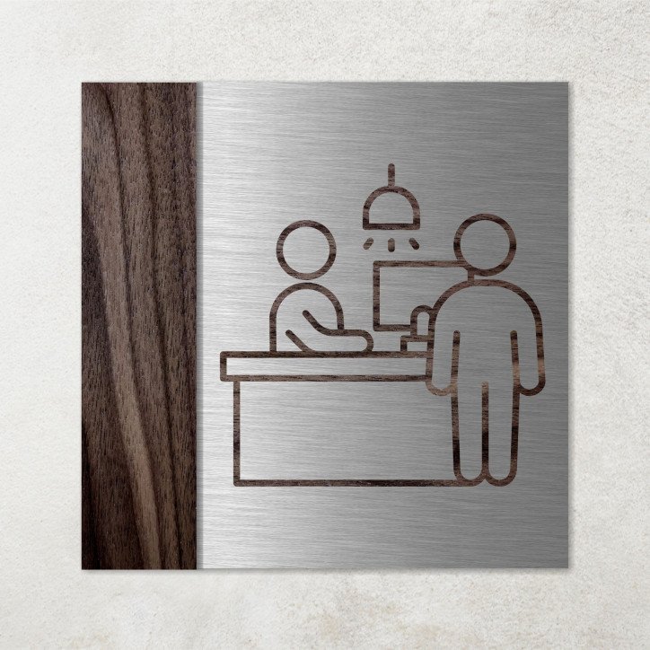 Plaque accueil, réception en métal et bois