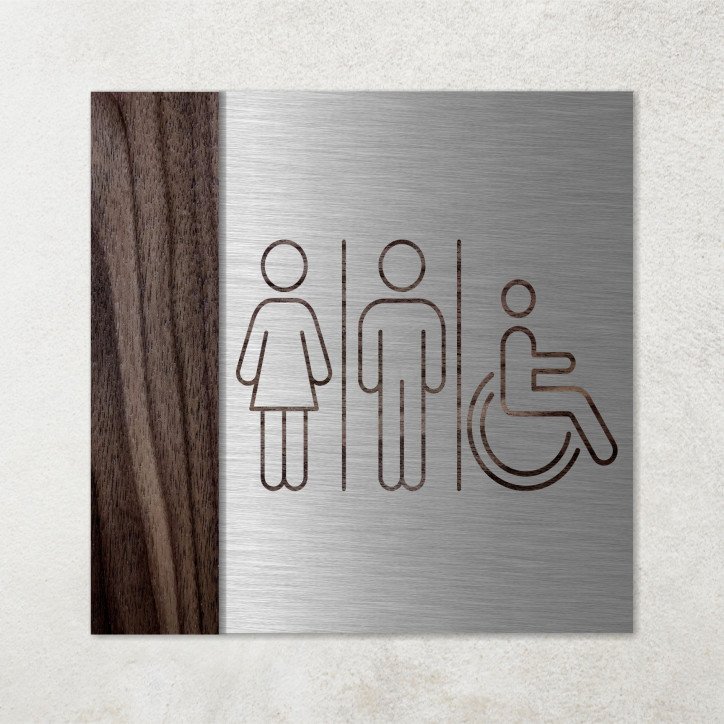 Plaque toilettes hommes, dames, pmr en métal et bois