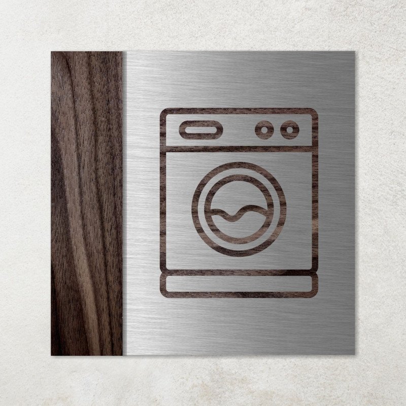Plaque laverie, buanderie, machine à laver  : en alu brossé argent et bois.