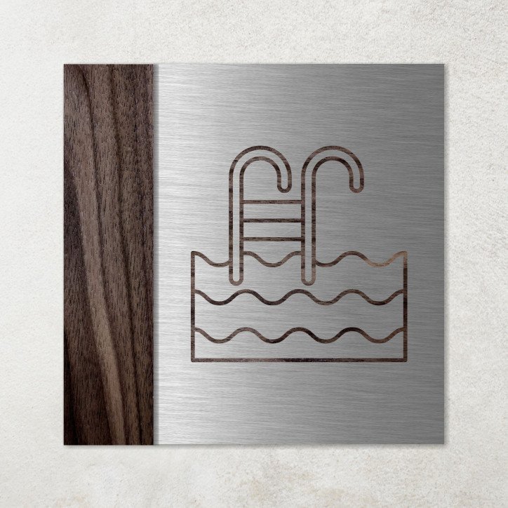 Plaque piscine en métal et bois