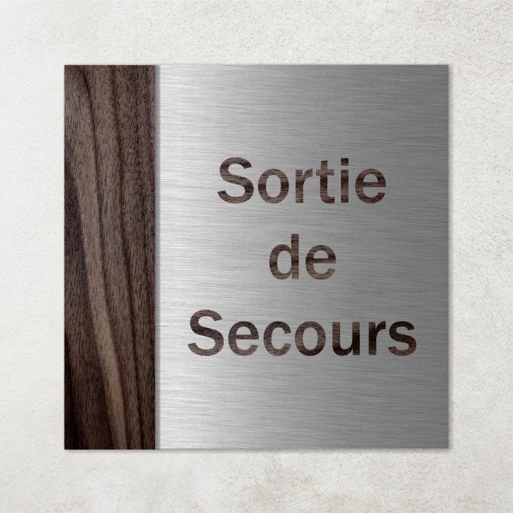 Plaque sortie de secours en métal et bois