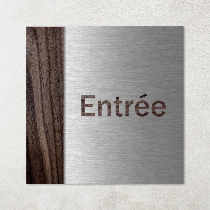 Plaque entrée en bois et métal composite