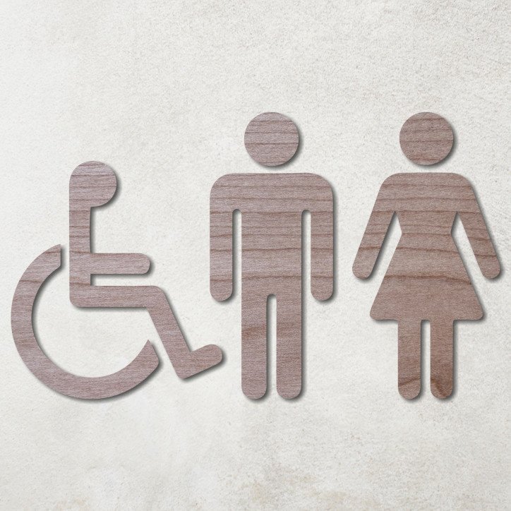 Pictogramme en bois découpé toilettes, hommes, femmes, PMR