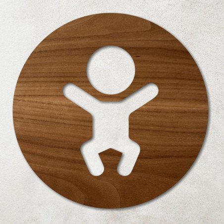 Plaque ronde en bois évidé pictogramme bébé noyer