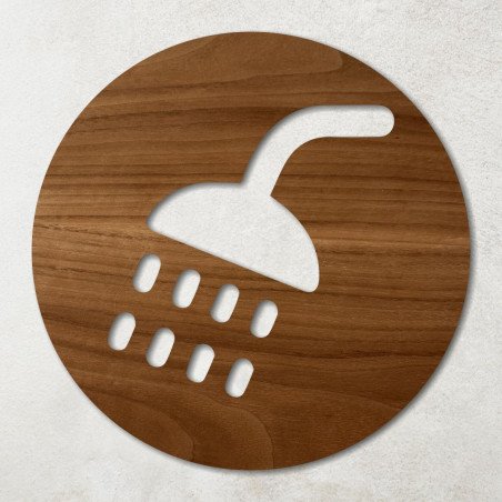 Plaque ronde en bois évidé pictogramme douche noyer