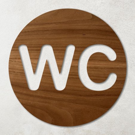 Plaque ronde en bois évidé pictogramme WC noyer