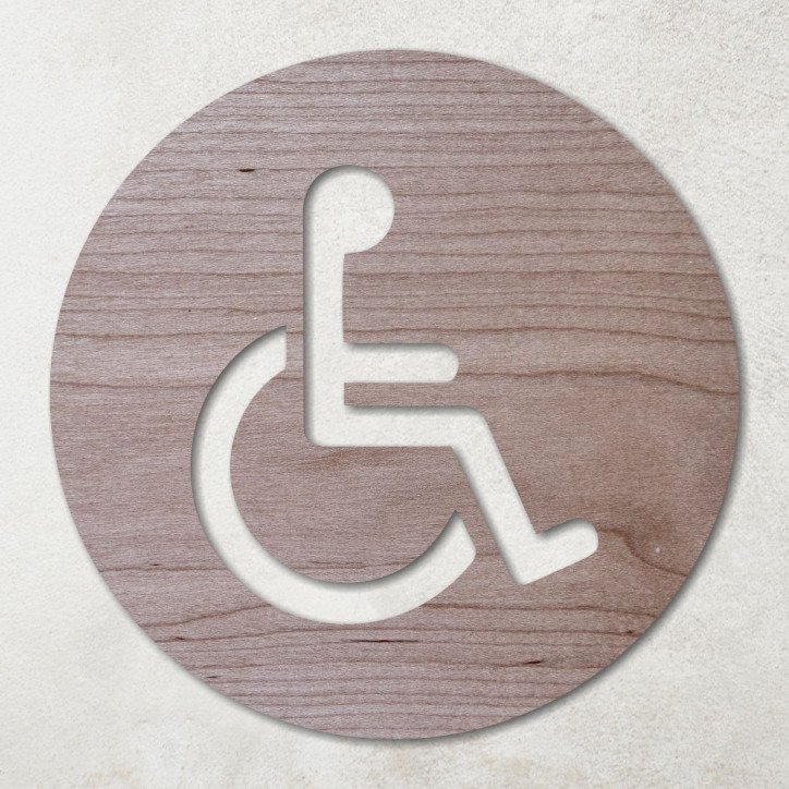 Plaque ronde en bois avec pictogramme PMR handicapés évidé