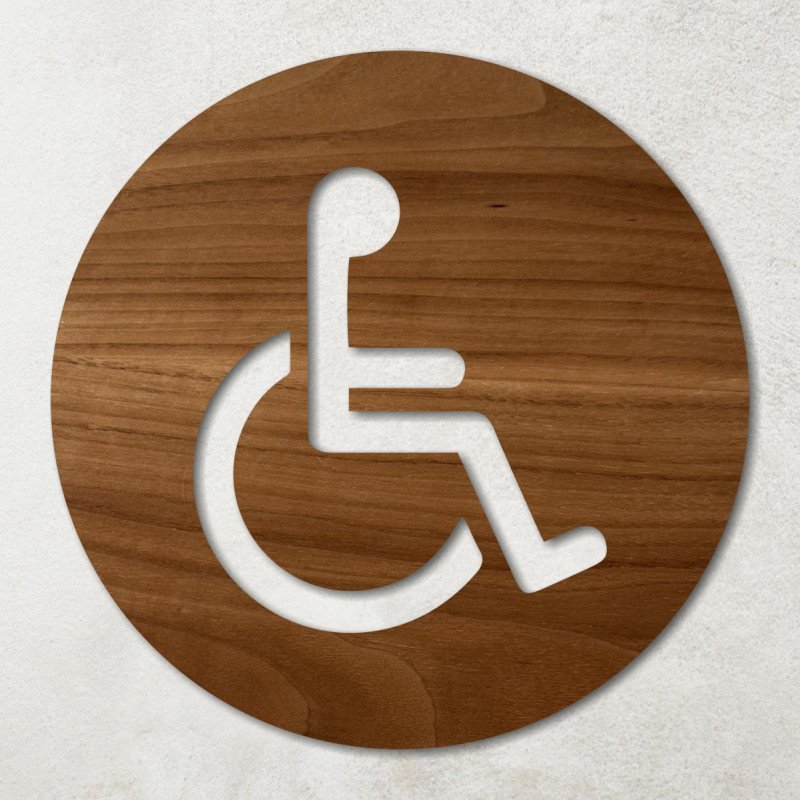 Plaque ronde en bois évidé pictogramme PMR handicapés noyer