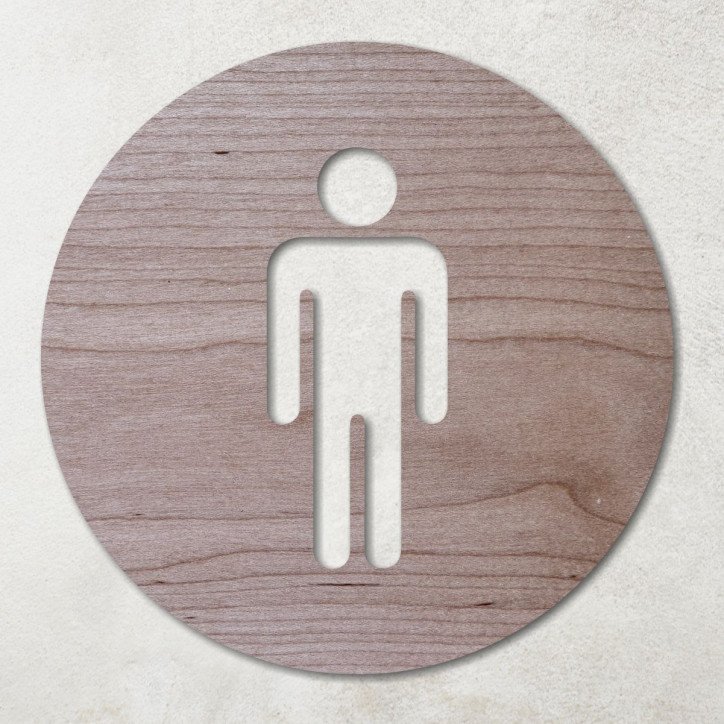 Plaque ronde en bois avec pictogramme WC hommes évidé