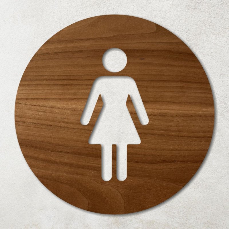 Plaque ronde en bois évidé pictogramme WC femmes noyer