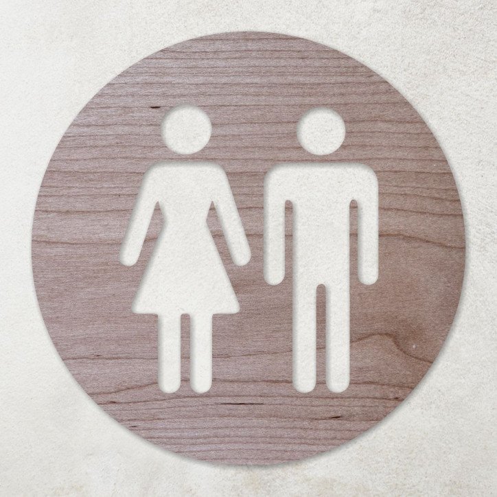 Plaque ronde en bois avec pictogramme WC femmes et hommes évidé