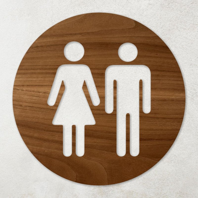Plaque ronde en bois évidé pictogramme WC femmes et hommes noyer