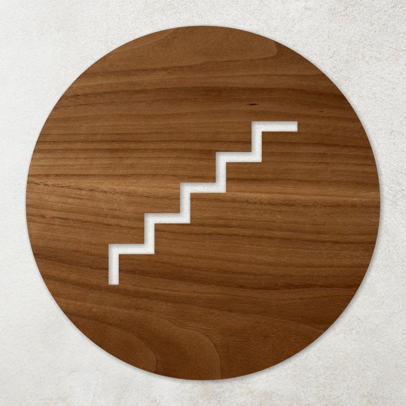 Plaque ronde en bois évidé pictogramme escalier noyer